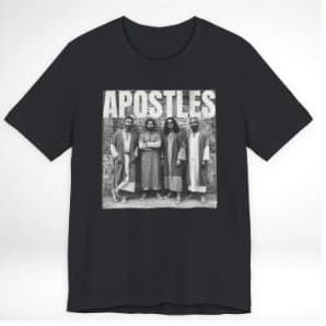 Black The Apostles tee with a monochrome band-photo style graphic