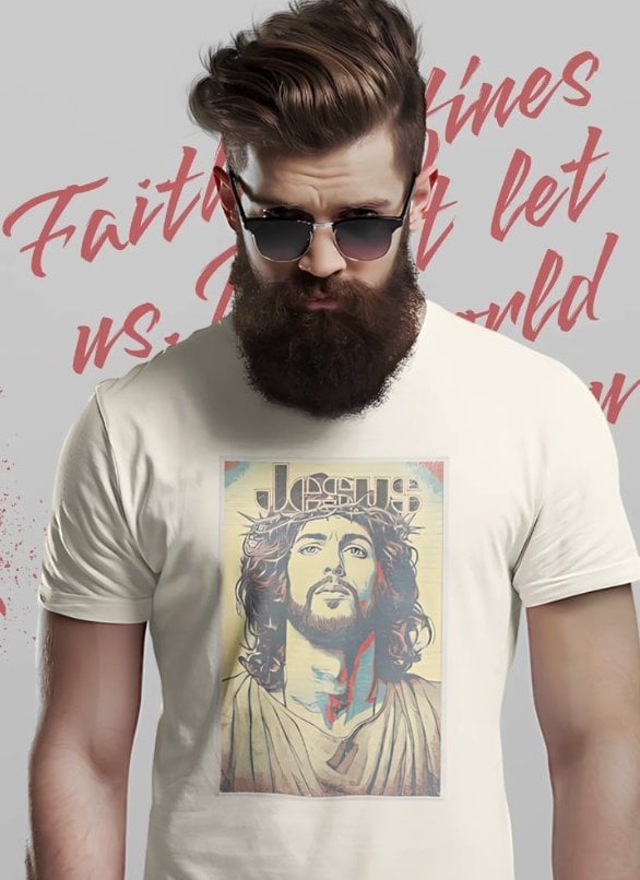 Bearded man in sunglasses wearing a bone-white Jesus portrait tee